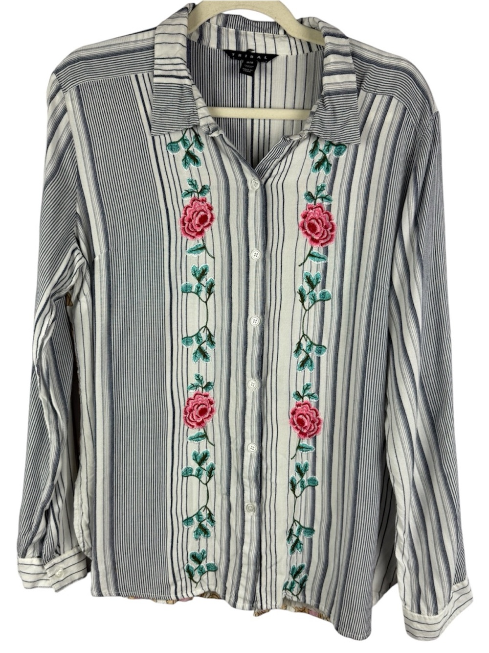 TRIBAL Striped Rose Floral Embroidered Button Down Shirt Medium Baroque Back